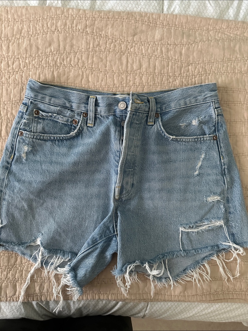 Agolde Parker Light Blue Distressed Denim Shorts - Women's High-Rise